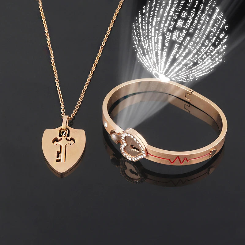 Couple Love Heart Lock Bracelet And Key Necklace Set