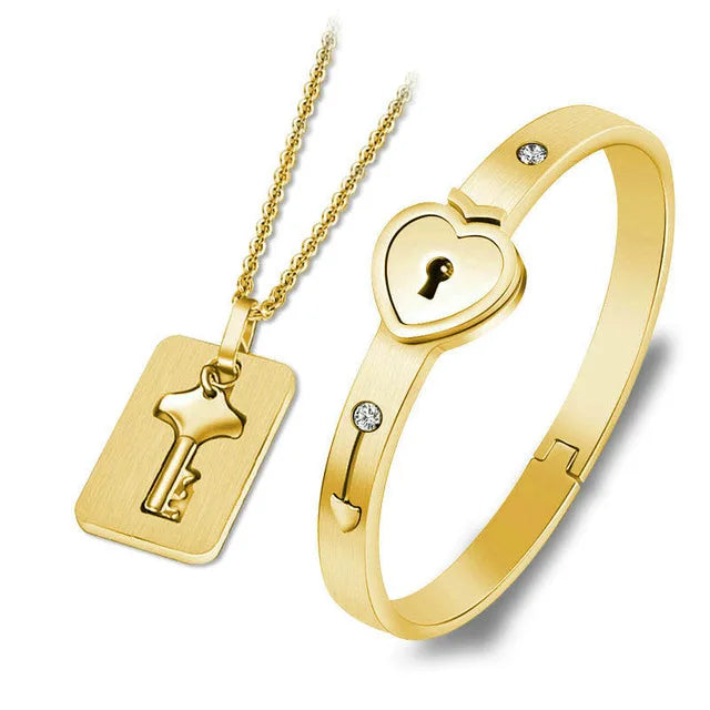 Couple Love Heart Lock Bracelet And Key Necklace Set