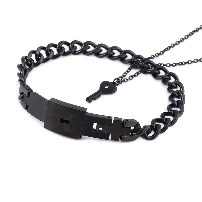 Couple Love Heart Lock Bracelet And Key Necklace Set