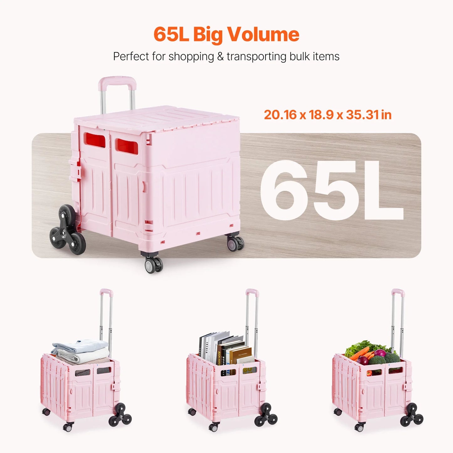 65L Foldable Utility Cart With Stair Climbing Wheels