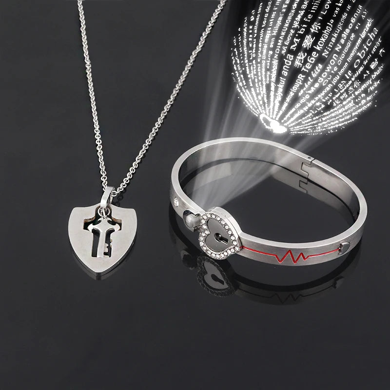 Couple Love Heart Lock Bracelet And Key Necklace Set