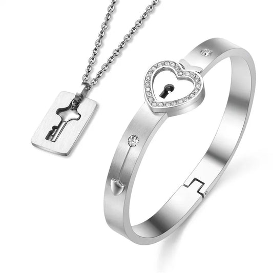 Couple Love Heart Lock Bracelet And Key Necklace Set