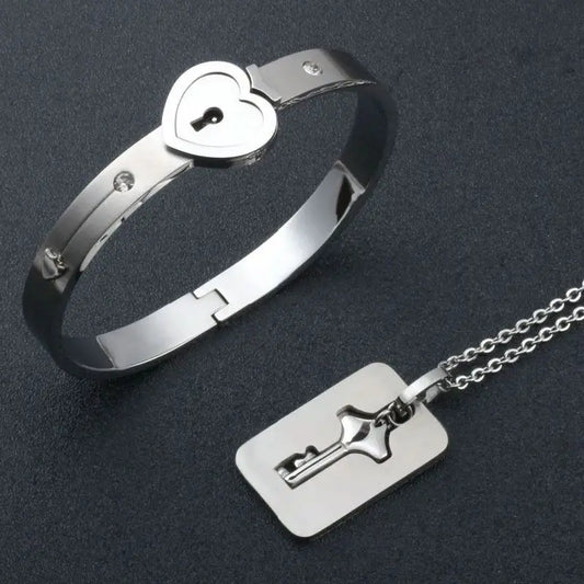 Couple Love Heart Lock Bracelet And Key Necklace Set