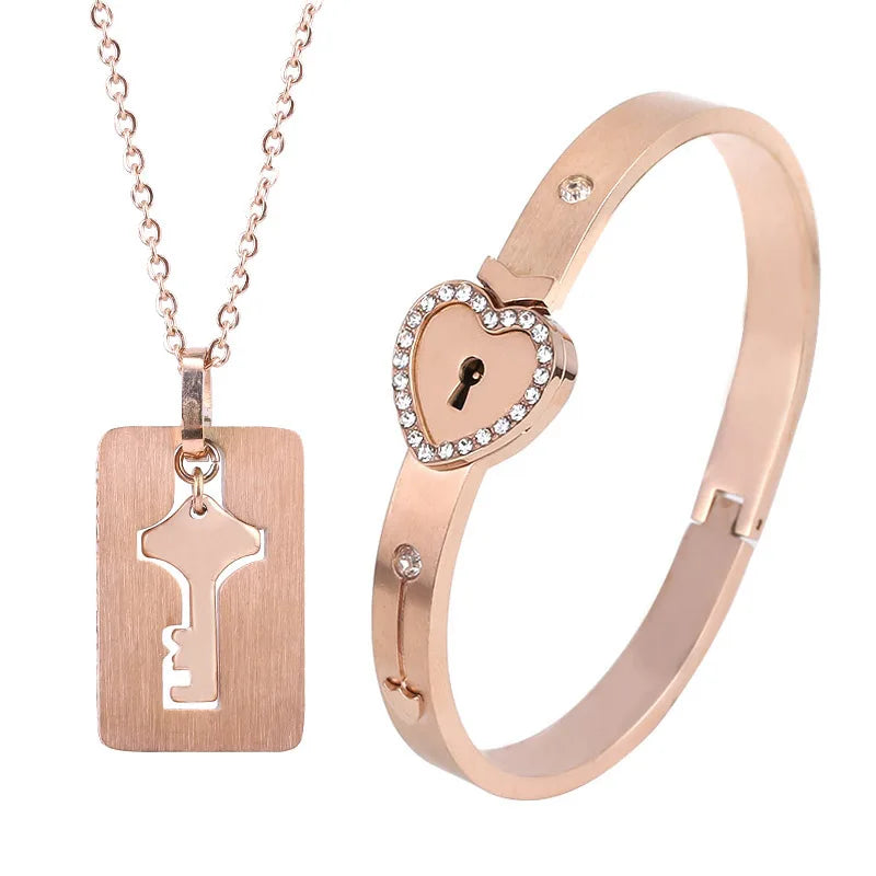 Couple Love Heart Lock Bracelet And Key Necklace Set