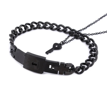 Couple Love Heart Lock Bracelet And Key Necklace Set