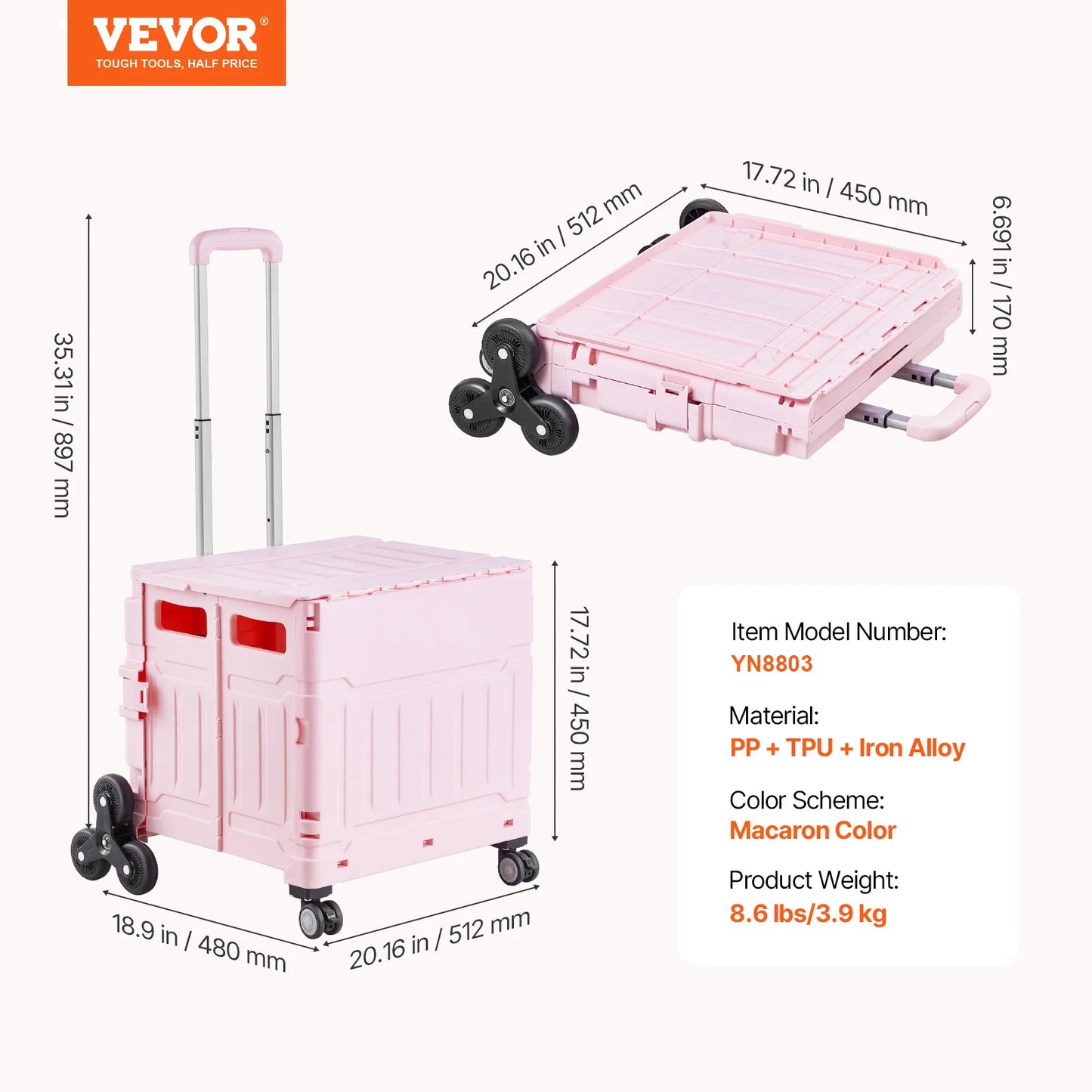 65L Foldable Utility Cart With Stair Climbing Wheels